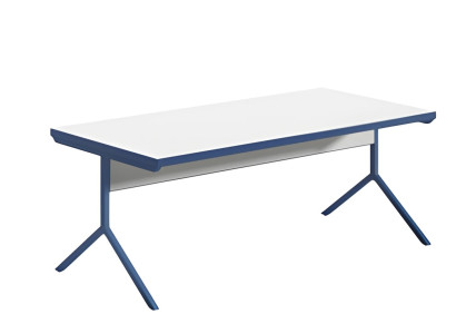 Modern white table with blue metal legs in elegant design