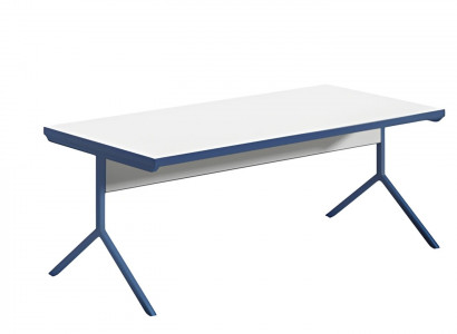 Modern white table with blue metal legs in elegant design