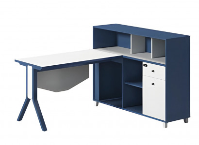 White and black office desk with storage space, open shelves, and elegant legs