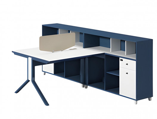 Modern blue and white writing desk with partition board and storage space