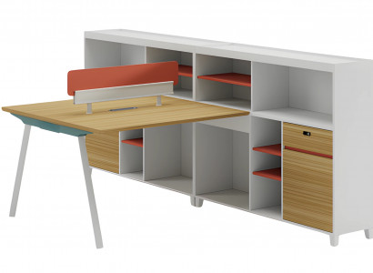 Modern writing desk with drawer and orange shelf