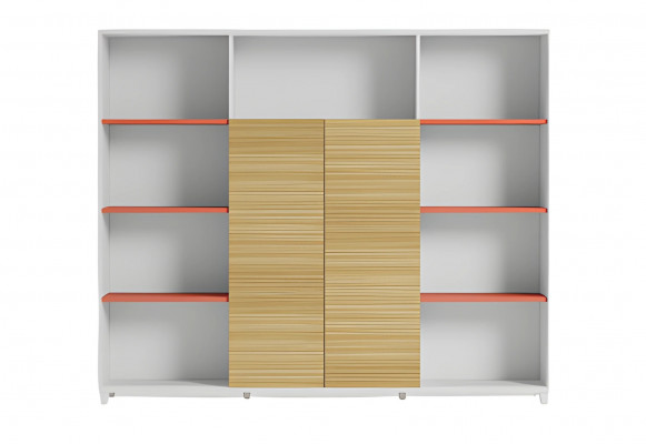 Elegant desk lamp with wooden shelves and orange accents