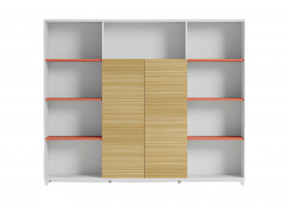 Elegant desk lamp with wooden shelves and orange accents