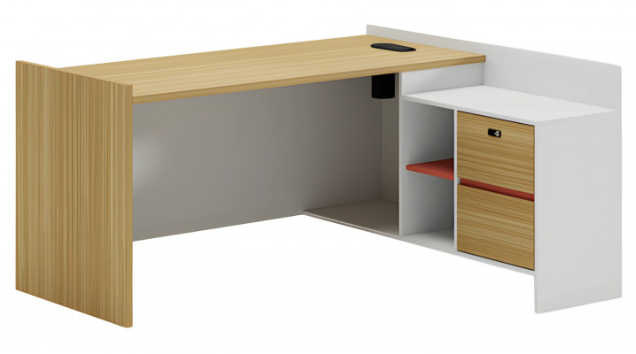 Modern wooden table with drawers and shelves