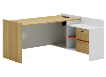 Modern wooden table with drawers and shelves