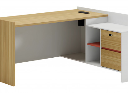 Modern wooden table with drawers and shelves