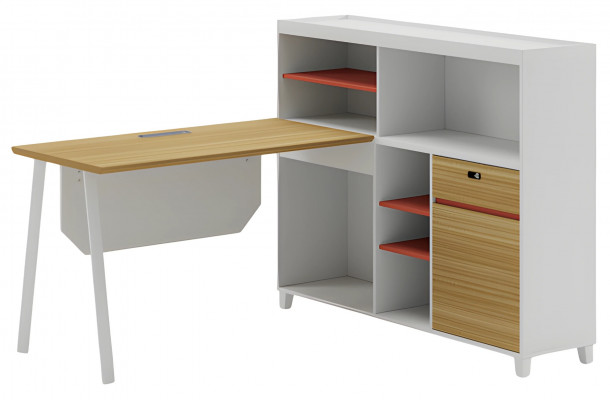 Modern white corner table with storage and orange shelves