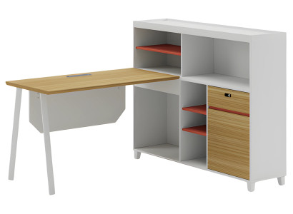 Modern white corner table with storage and orange shelves