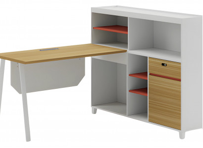 Modern white corner table with storage and orange shelves
