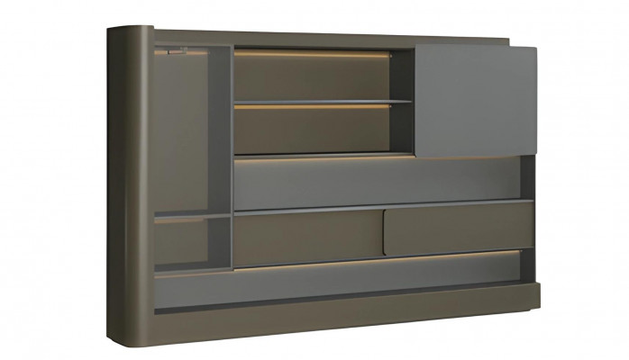 Modern black writing desk with gray LED lighting and storage space