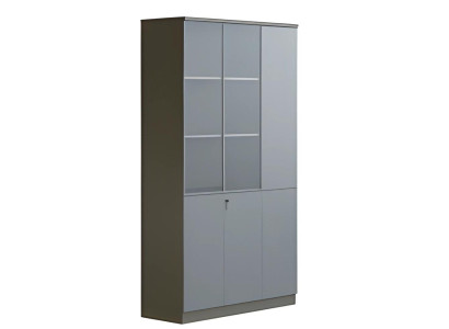 Modern gray office cabinet with glass doors, with lock, large storage