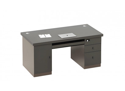Gray writing desk with storage space and drawers, cable channels, lock