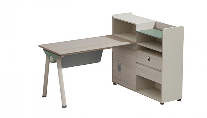 Modern gray beige writing desk with storage, surface, drawers, and glass lock