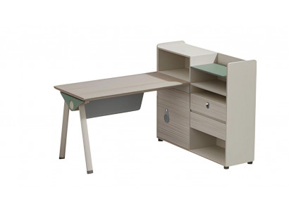 Modern gray beige writing desk with storage, surface, drawers, and glass lock