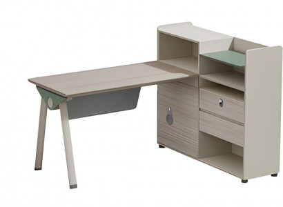 Modern gray beige writing desk with storage, surface, drawers, and glass lock