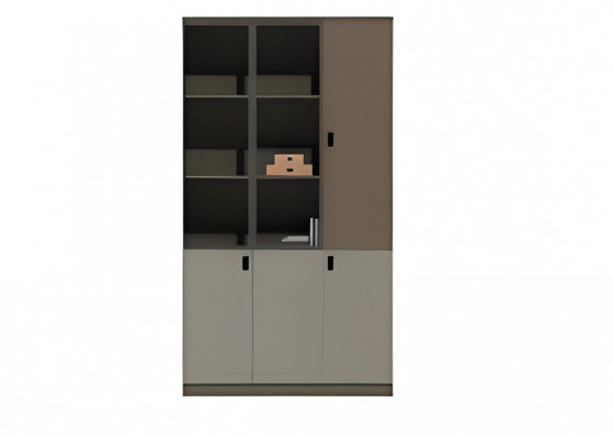 Modern gray-brown office cabinet with shelves and doors