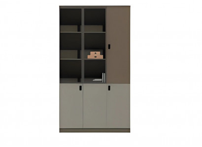 Modern gray-brown office cabinet with shelves and doors
