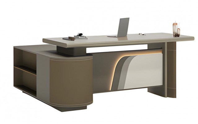 Modern brown and beige desk with LED lighting for office and home office