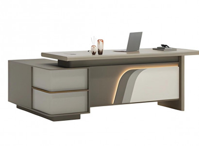Beige and brown office desk with LED lighting and drawers