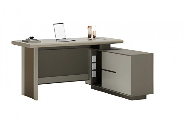 Gray and beige office desk with drawers and storage space