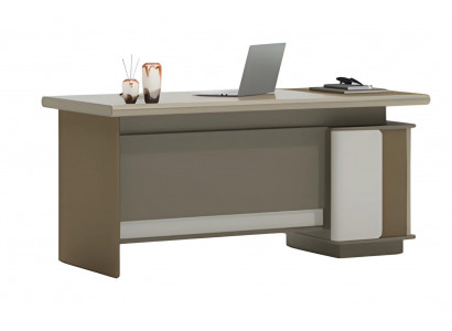Brown and gray writing desk with drawers and storage space
