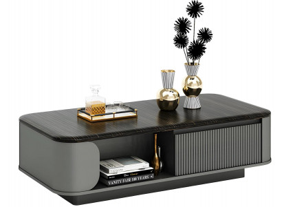Modern coffee table with elegant design and black top, plus open shelves