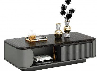 Modern coffee table with elegant design and black top, plus open shelves