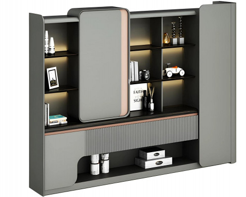 Modern avocado cabinet with open shelves and simple, elegant lighting in gray