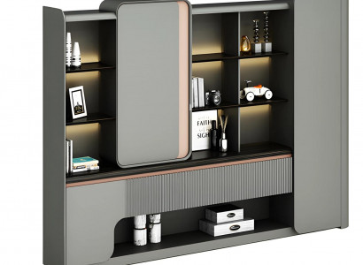 Modern avocado cabinet with open shelves and simple, elegant lighting in gray