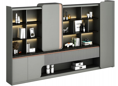 Modern beech table with open shelves, LED lighting, simple elegance, gray design