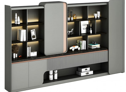 Modern beech table with open shelves, LED lighting, simple elegance, gray design