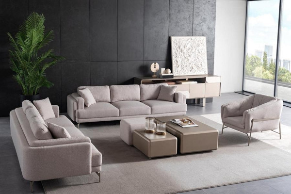 Beige living room with modern sofa and armchair