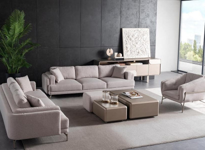 Beige living room with modern sofa and armchair