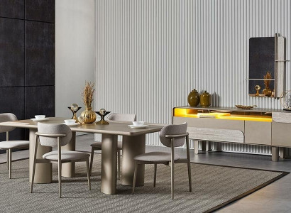 Elegant beige dining table set with chairs and console