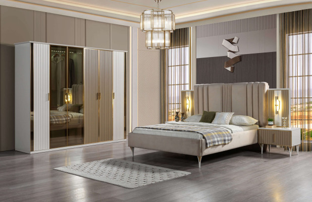 Complete bedding set with bed, 2 nightstands and modern wardrobe, 4 pieces