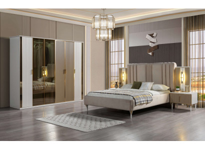 Complete bedding set with bed, 2 nightstands and modern wardrobe, 4 pieces