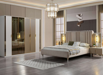 Complete bedding set with bed, 2 nightstands and modern wardrobe, 4 pieces