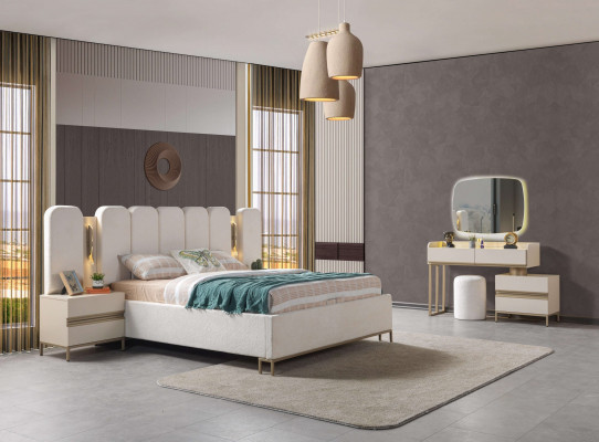 Ideal complete set for furnishing a bedroom, including a dresser, mirror, bed, and bedside lamp