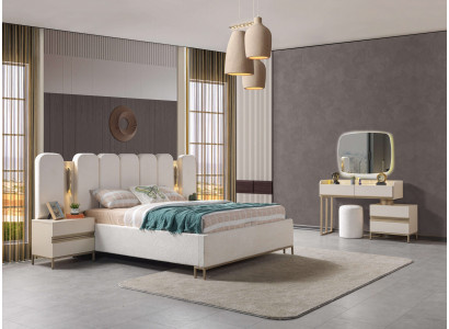 Ideal complete set for furnishing a bedroom, including a dresser, mirror, bed, and bedside lamp