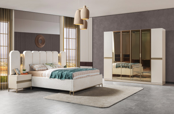 Modern bedroom furniture set 4 pieces: bed, wardrobe, nightstand