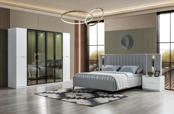 Bed set in four parts bed, wardrobe, wooden bedside lamp