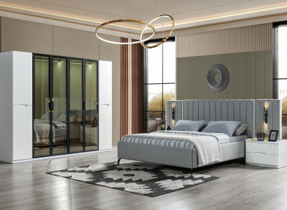 Bed set in four parts bed, wardrobe, wooden bedside lamp