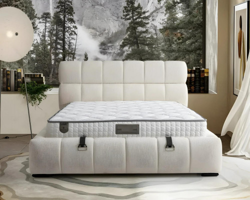 Elegant blue fabric and wooden bed with mattress