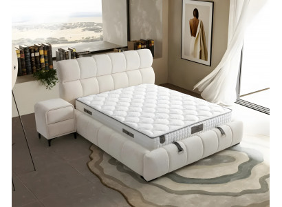 Elegant blue fabric and wooden bed with mattress