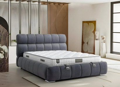 Bed in modern blue fabric and wood with mattress