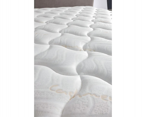 Elegant fabric and wood bed with mattress