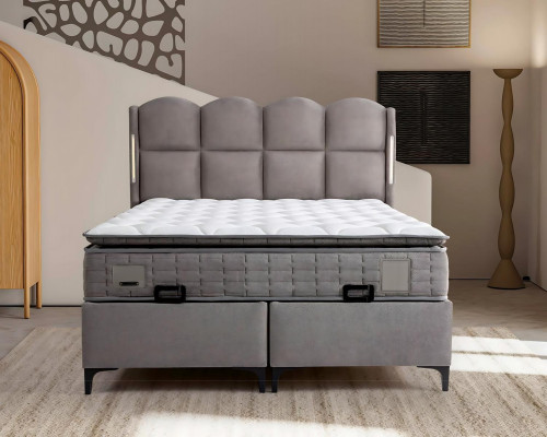 Gray bed with fabric and wood cushions, modern design