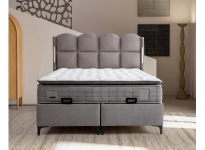 Gray bed with fabric and wood cushions, modern design