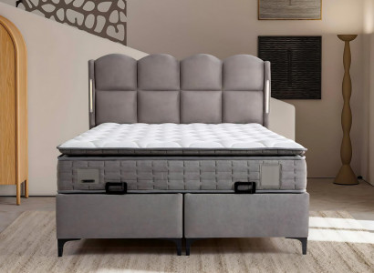 Gray bed with fabric and wood cushions, modern design