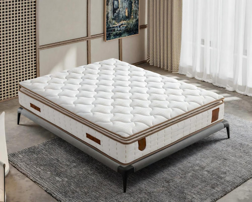 Gray bed with fabric and wood cushions, modern design